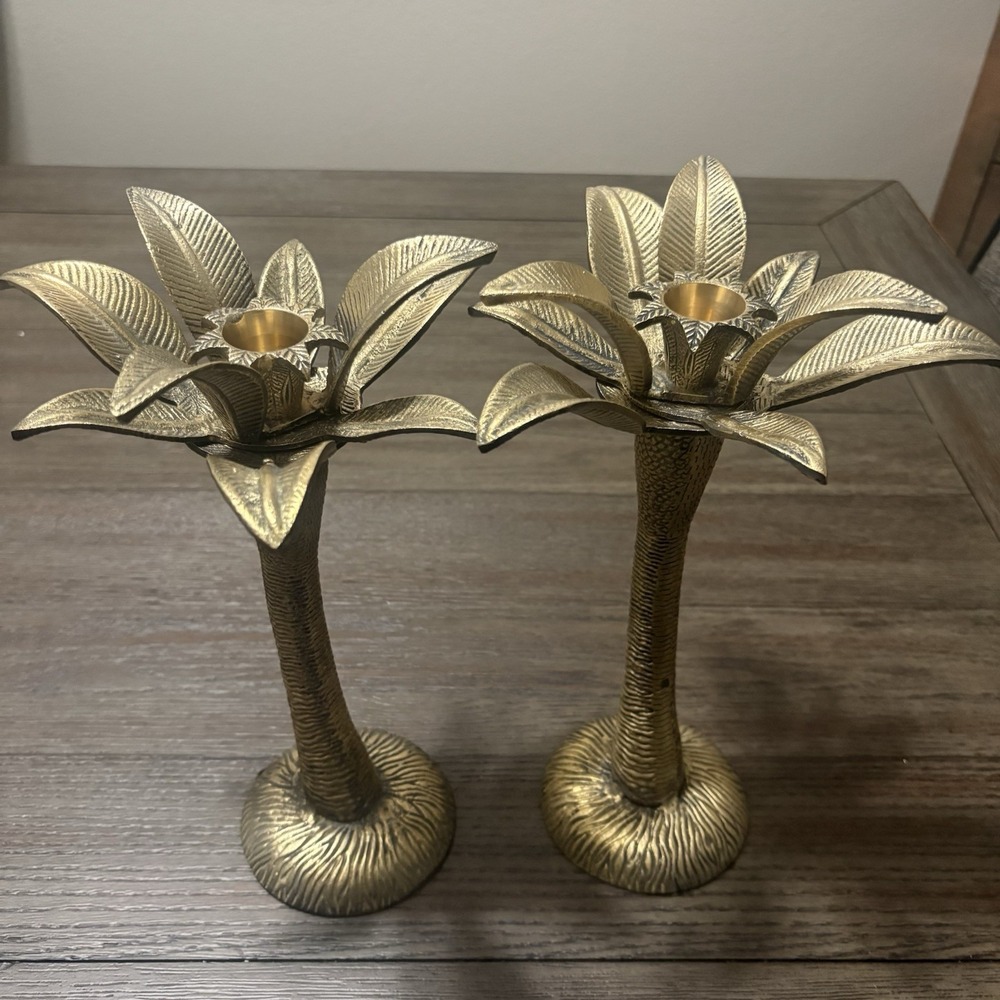 Pair Antique Brass Finish Metal Lotus Palm Leaf Flower Candlesticks Boho Decor